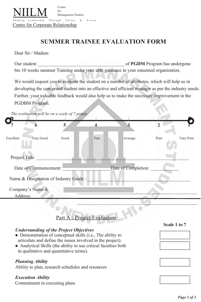 Summer Trainee Evaluation Form: Part A: Project Evaluation | PDF