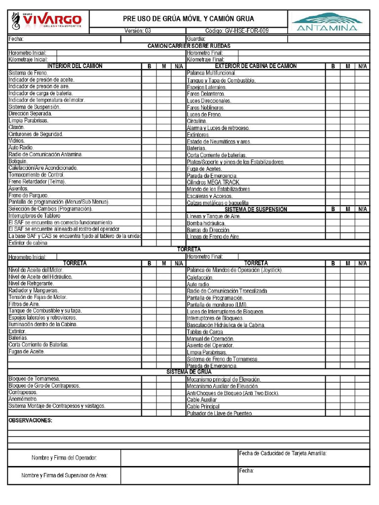 GV-HSE-For-009 Check List de Grúa, Camion Grua y Gancho Ver. 3 | PDF