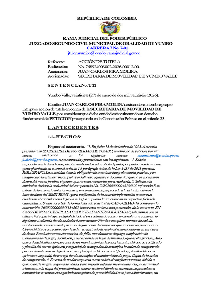 Sent. Tutela 2026-00012-00 | PDF | Caso de ley | Sentencia (ley)