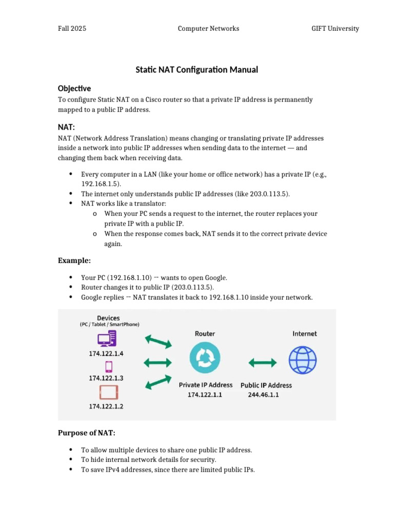 Static NAT Configuration Manual | PDF | Ip Address | Router (Computing)