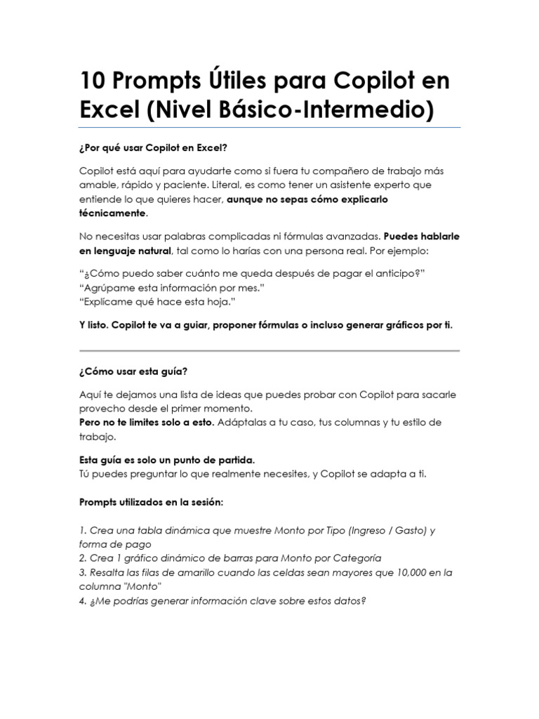 Prompts Copilot Excel Basico 2771b89b e982 4ad9 9cfd e2fef6209d29 | PDF
