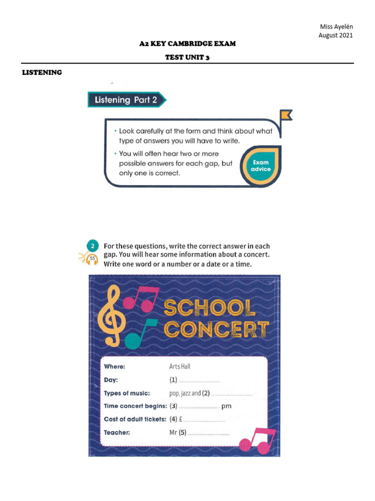 A2 Key Cambridge Exam Level Test Unit 3 | PDF