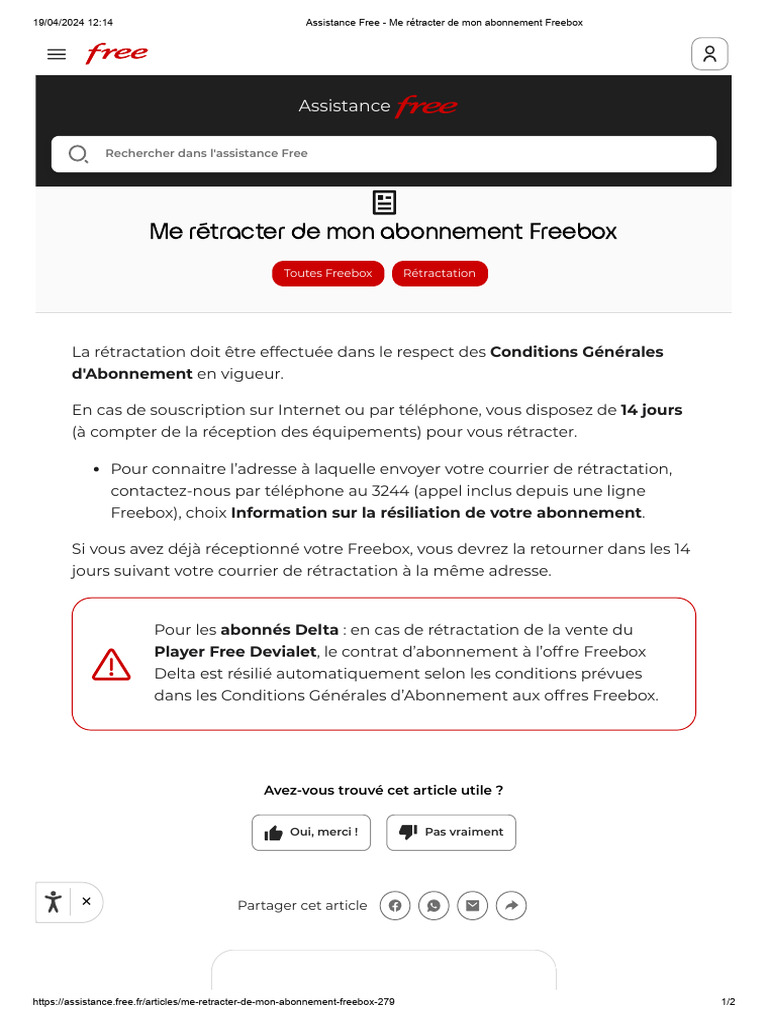 Assistance Free - Me Rétracter de Mon Abonnement Freebox | PDF ...