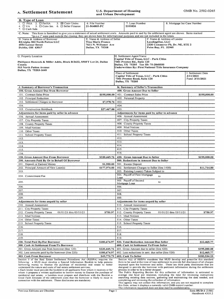 Settlement Statement Sample | PDF