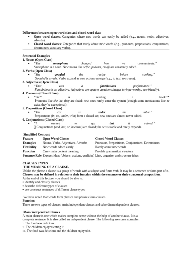 Differences Between Open Word Class and Closed Word Class | PDF | Part ...