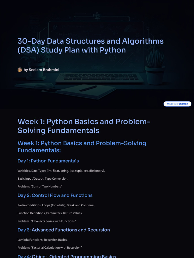 30 Day Data Structures and Algorithms DSA Study Plan With Python | PDF ...