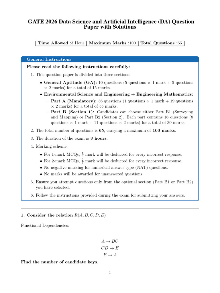 GATE 2026 Data Science and Artificial Intelligence DA Question Paper ...