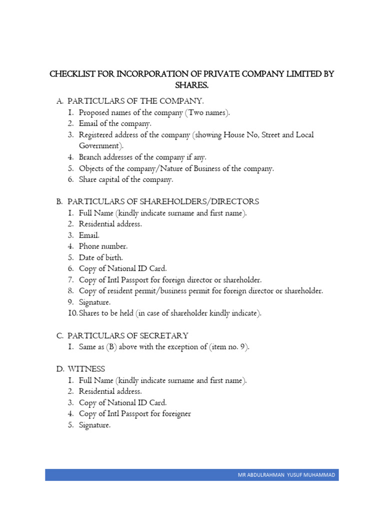 Checklist For Incorporation of Private Company Limited by Shares | PDF