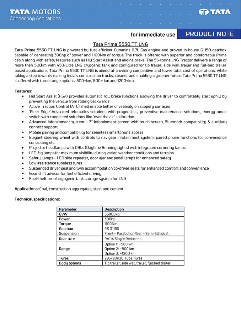Product Note Tata Prima 5530 TT LNG | PDF