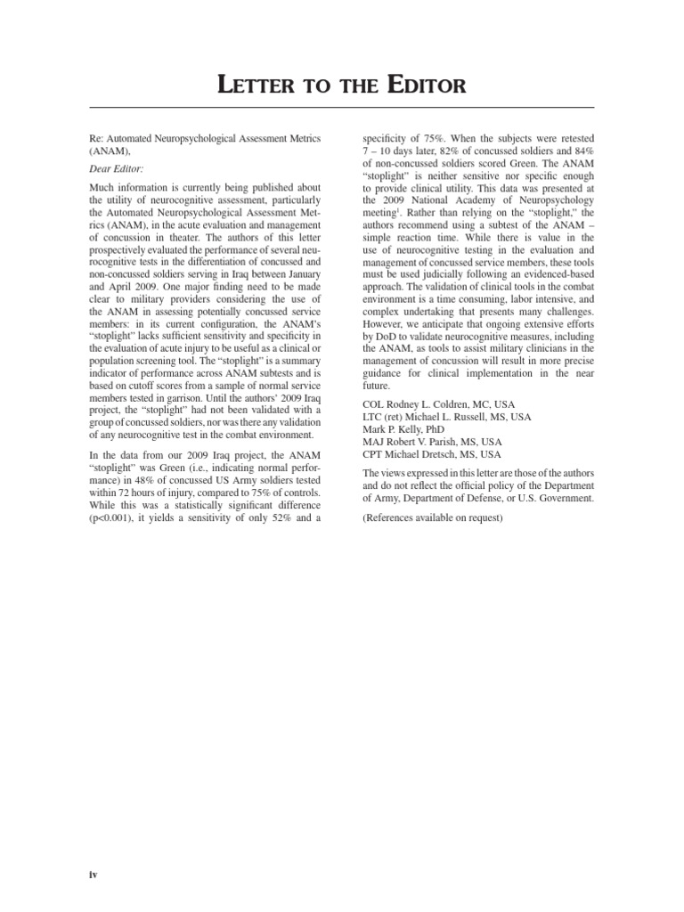 Letter to the Editor Coldren Russell Et Al | PDF | Neuropsychological ...