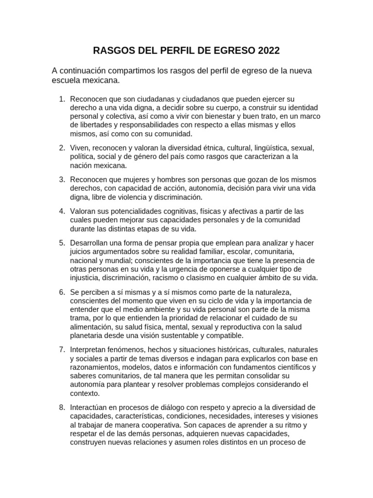Rasgos Del Perfil de Egreso 2022 | PDF | Pensamiento | Ciencias del ...