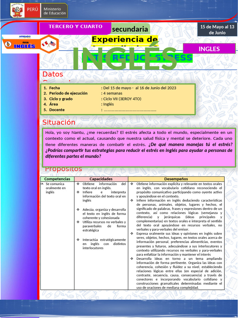 Experiencia de Aprendizaje 03 - 3ero y 4to - Ingles -2023 | PDF ...