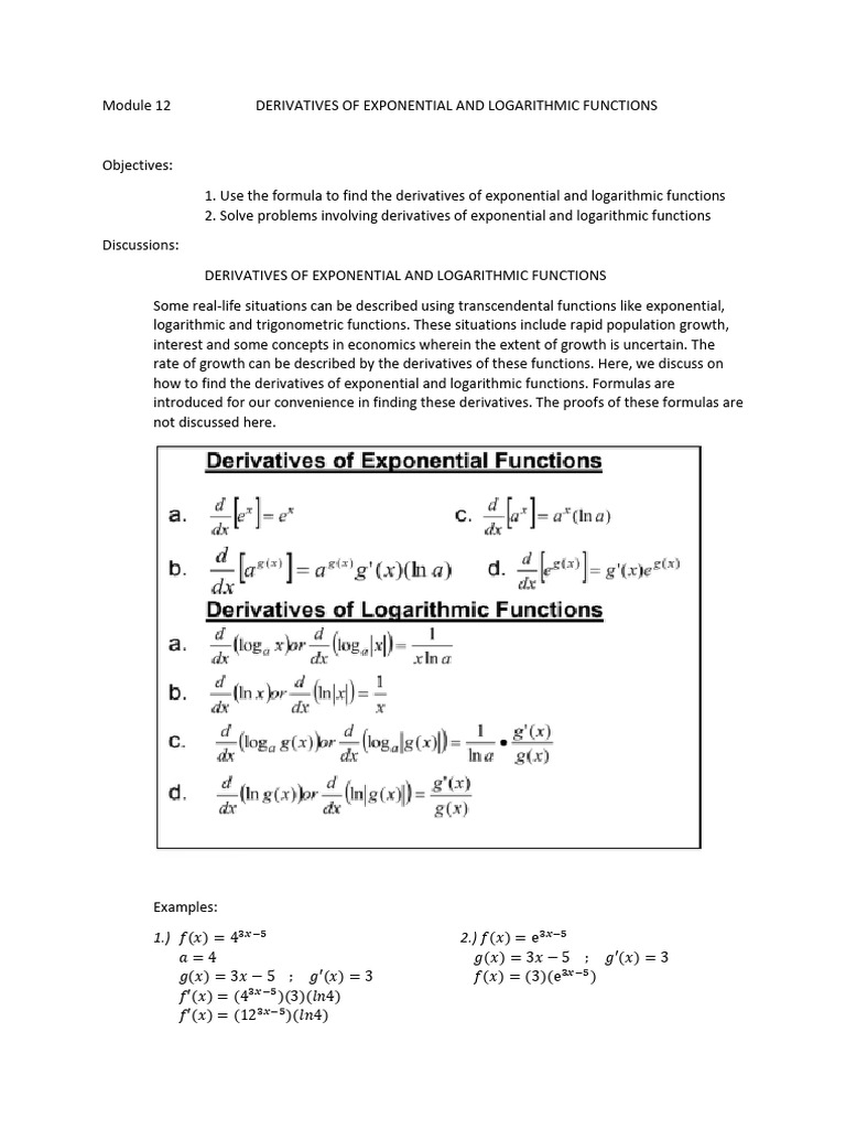 Module 12 DERIVATIVES OF EXPONENTIAL AND LOGARITHMIC FUNDTIONS | PDF ...