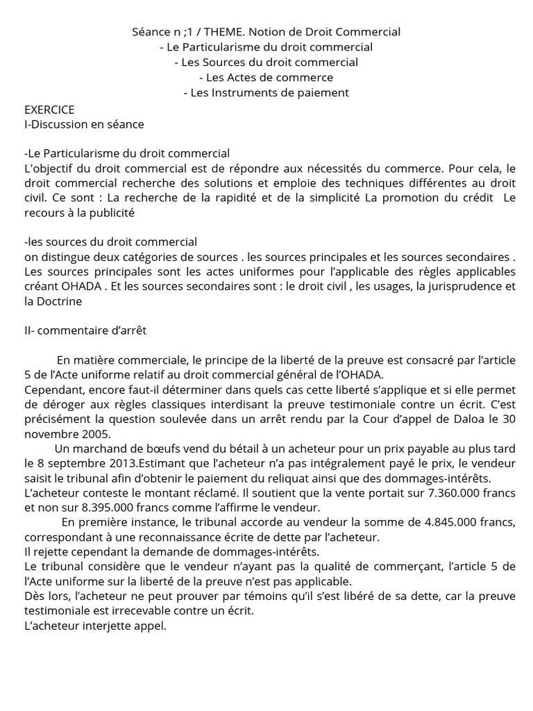Séance N 1 THEME. Notion de Droit Commercial - Le Particularisme Du ...