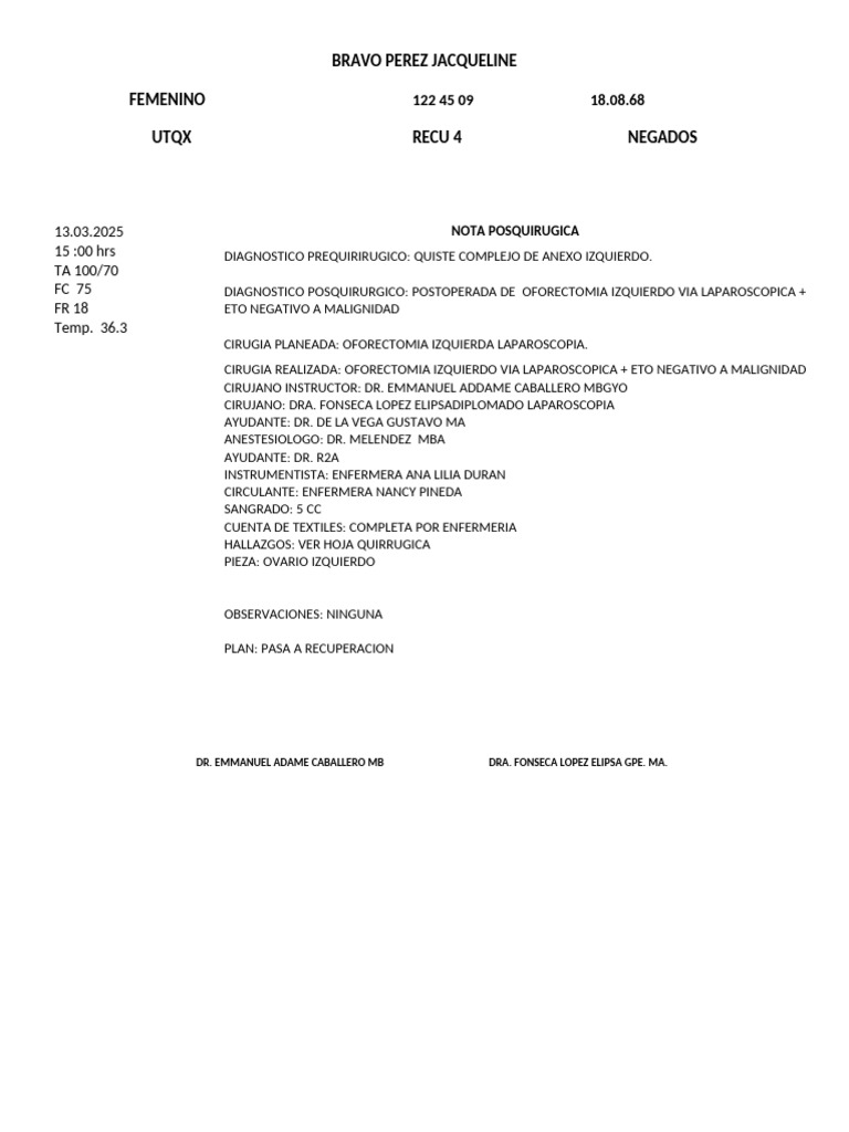 Nota Pos Paciente Jacquelin | PDF