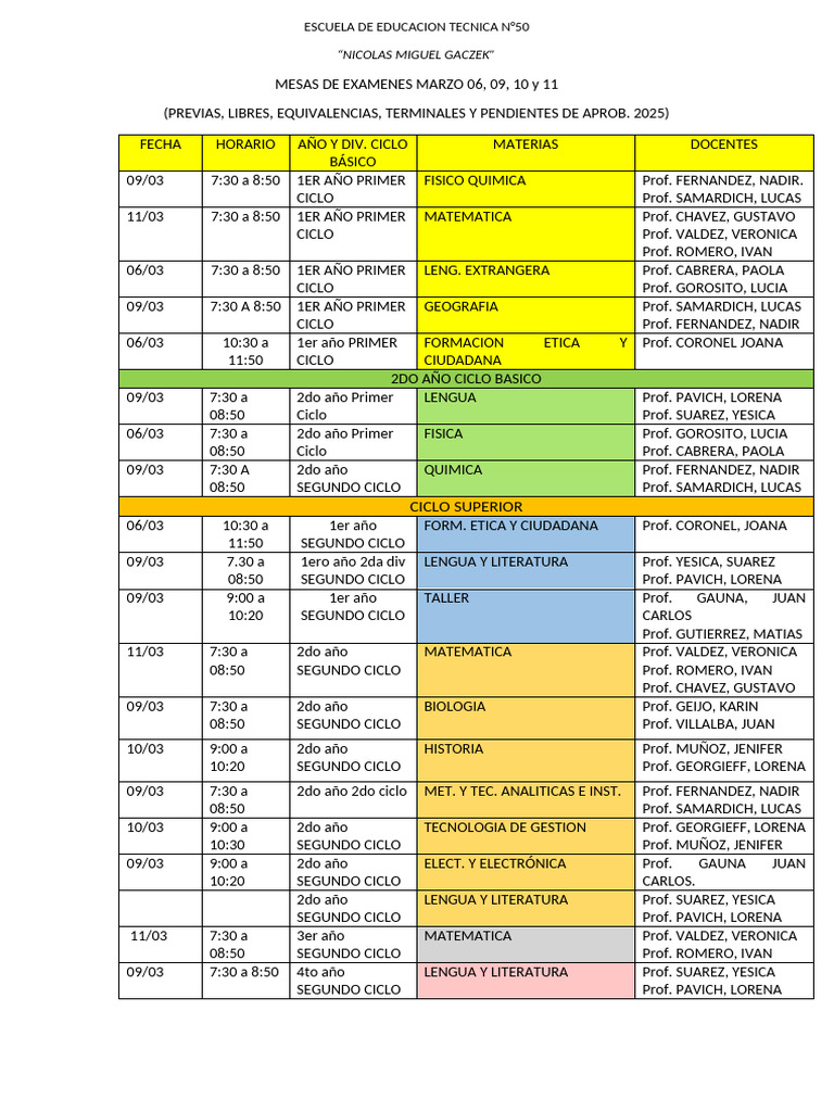 Mesas de Examenes Marzo 06-09-10 y 11- 2026 | PDF