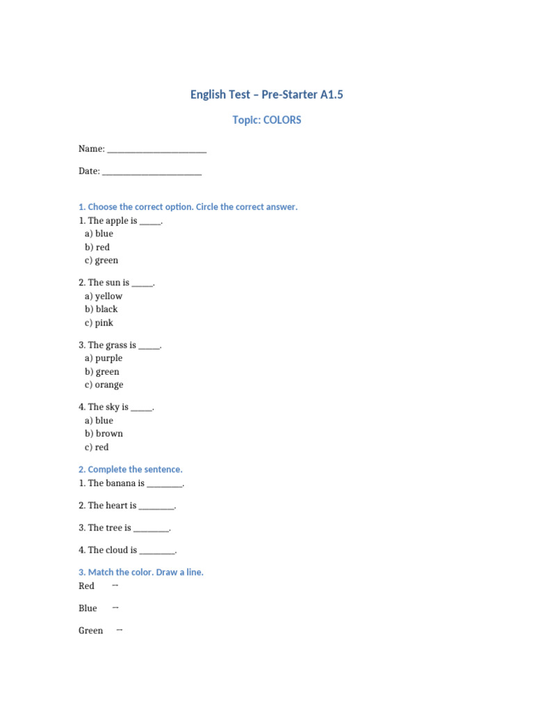 English Test Colors PreStarter A1.5 | PDF