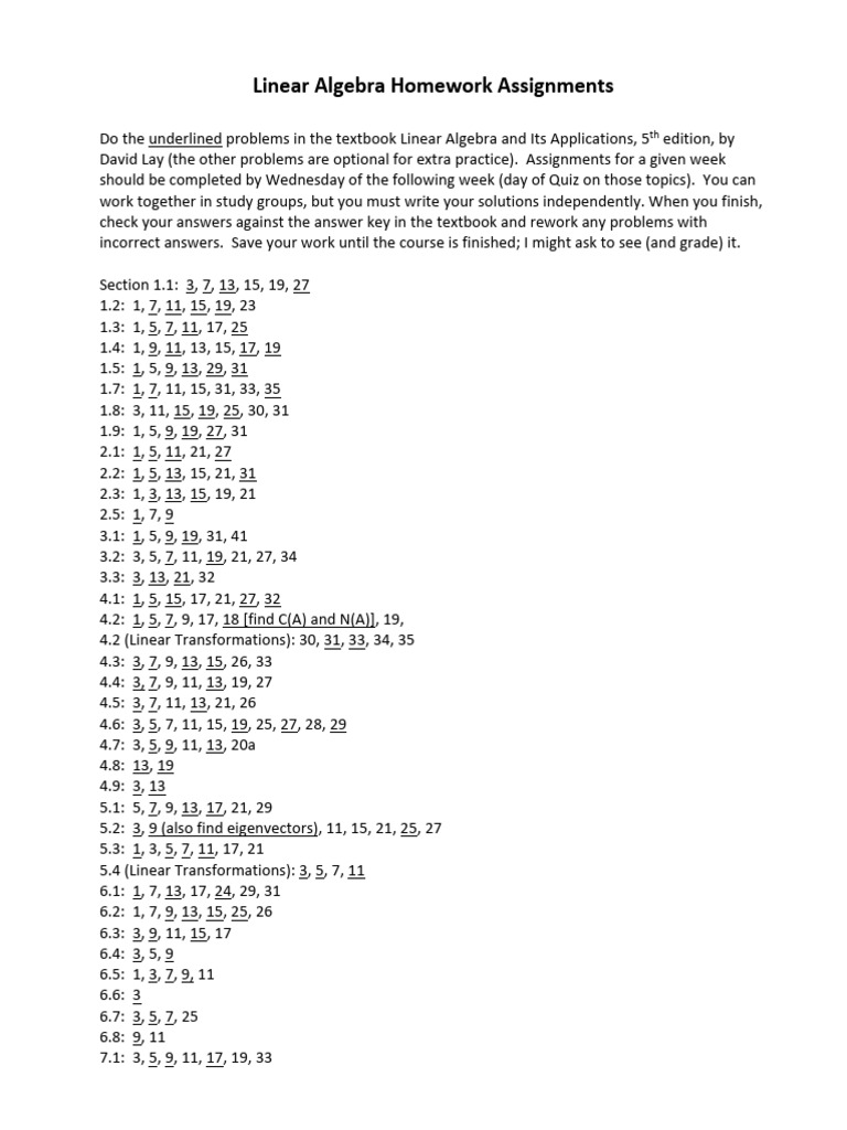 Linear Algebra Homework Assignments | PDF