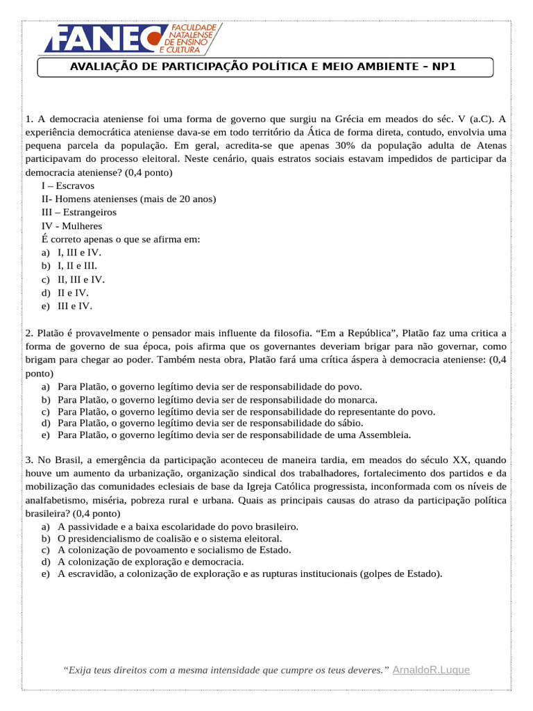 PROVA NP1 - Participação Política e Meio Ambiente FANEC 2019.2 | PDF ...