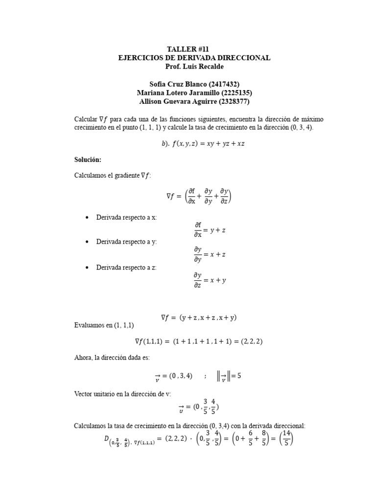 TALLER 11 Calculo Multivariable | PDF | Degradado | Análisis matemático