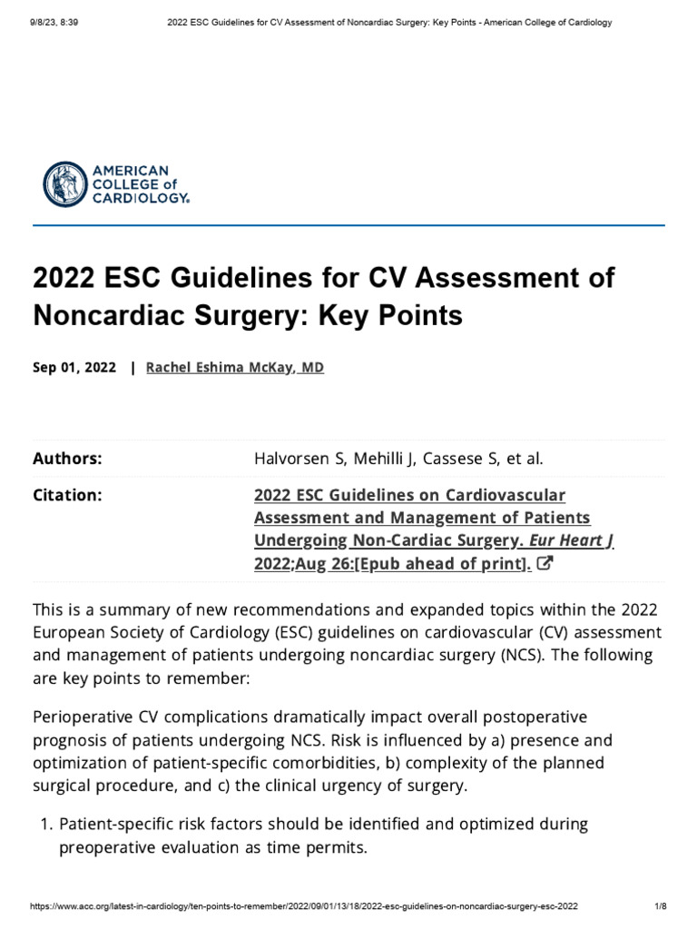 2022 ESC Guidelines for CV Assessment of Noncardiac Surgery | PDF ...