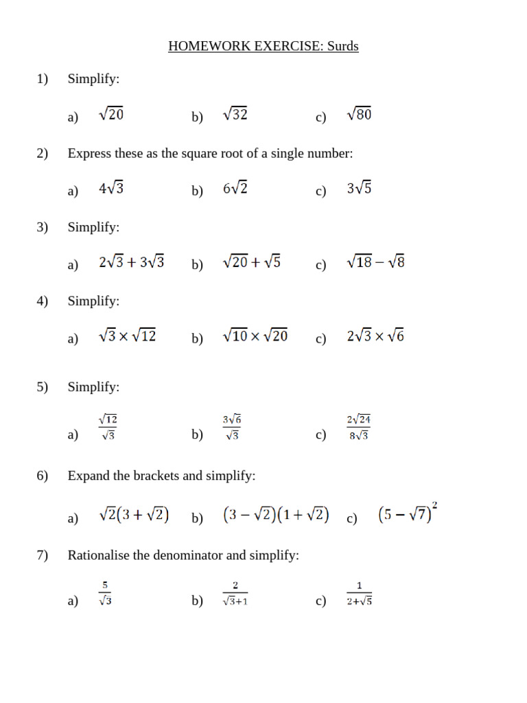 Homework Exercise(Surds) 02 f 5cd0214kqk | PDF