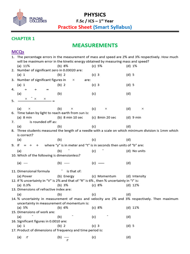 1st Year Physics CH#1 Measurements | PDF | Significant Figures | Torque