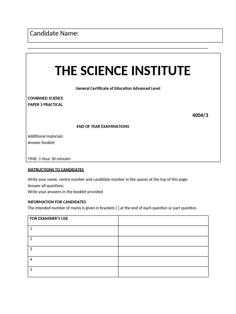 End of Year Combined Science Paper 3 | PDF