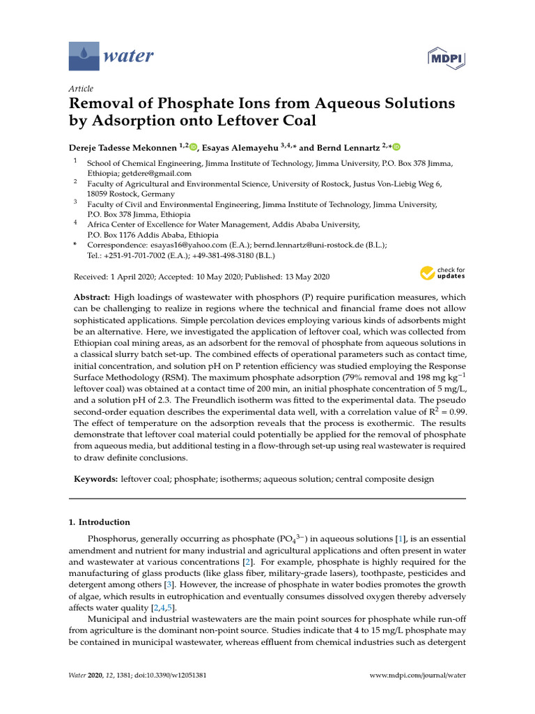 Removal of Phosphate Ions From Aqueous Solutions by Coal | PDF ...