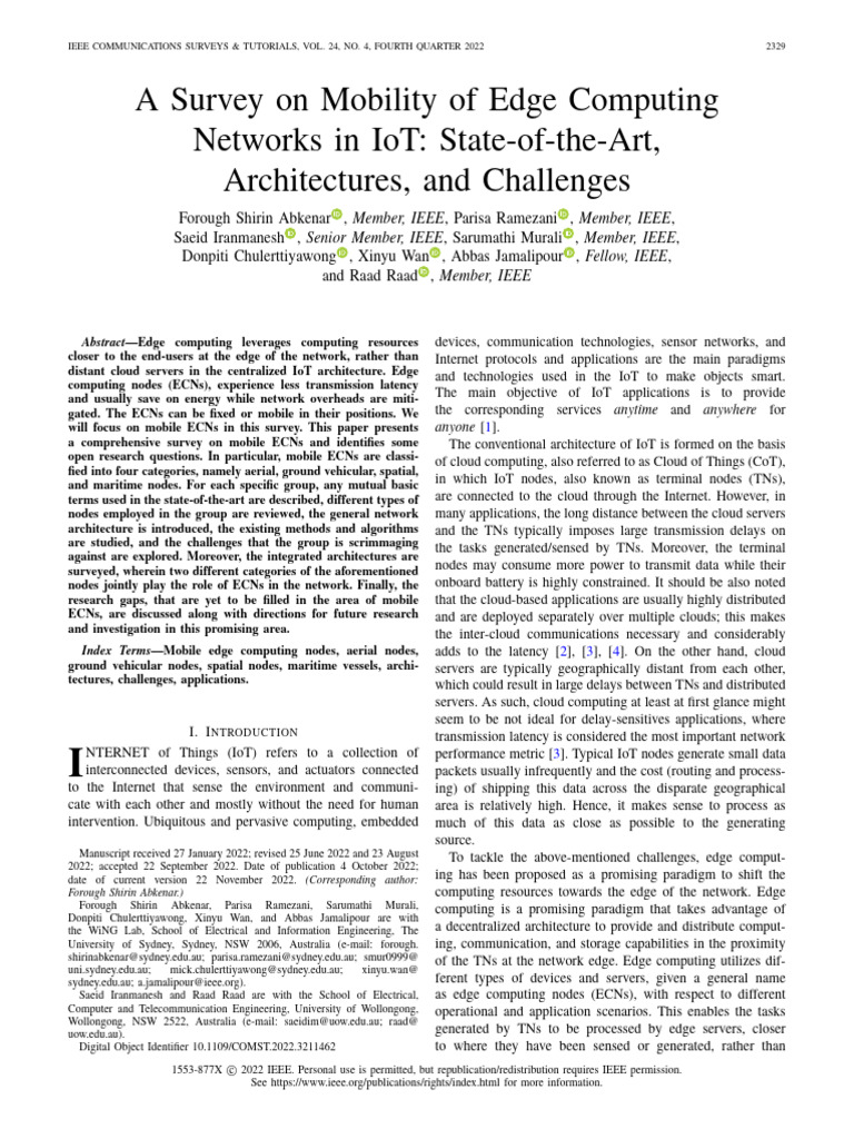 A Survey on Mobility of Edge Computing Networks in IoT State-Of-The-Art ...