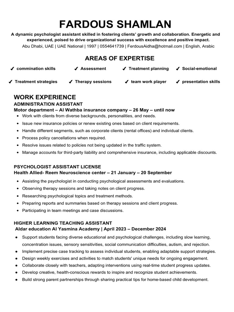 Fardous Shamlan - Professional Resume 23-25 | PDF | Psychology ...