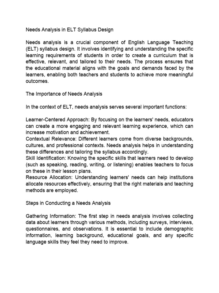Needs Analysis in ELT Syllabus Design | PDF