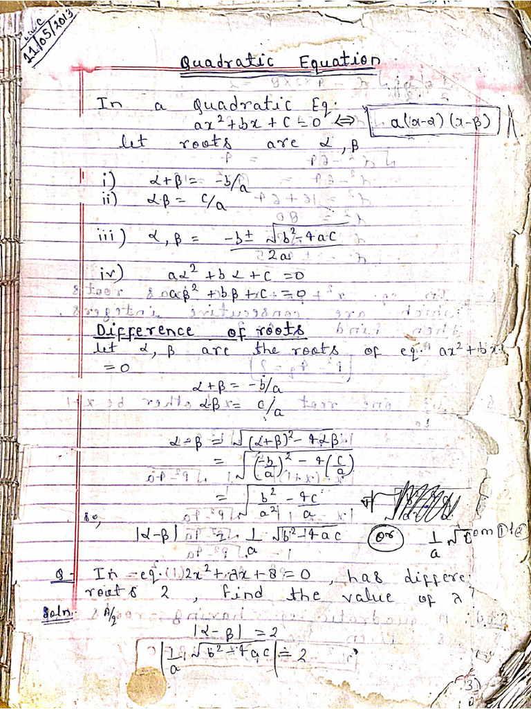 Quadratic Equation Complete Notes | PDF
