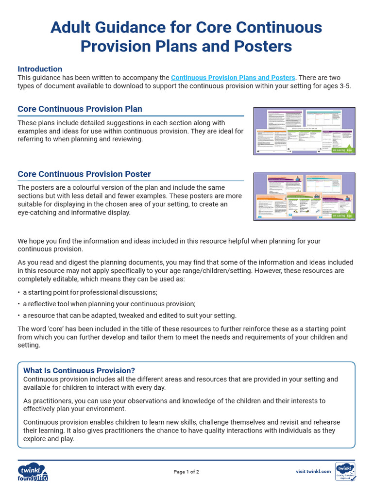 Adult Guidance For Core Continuous Provision Plans and Posters | PDF ...
