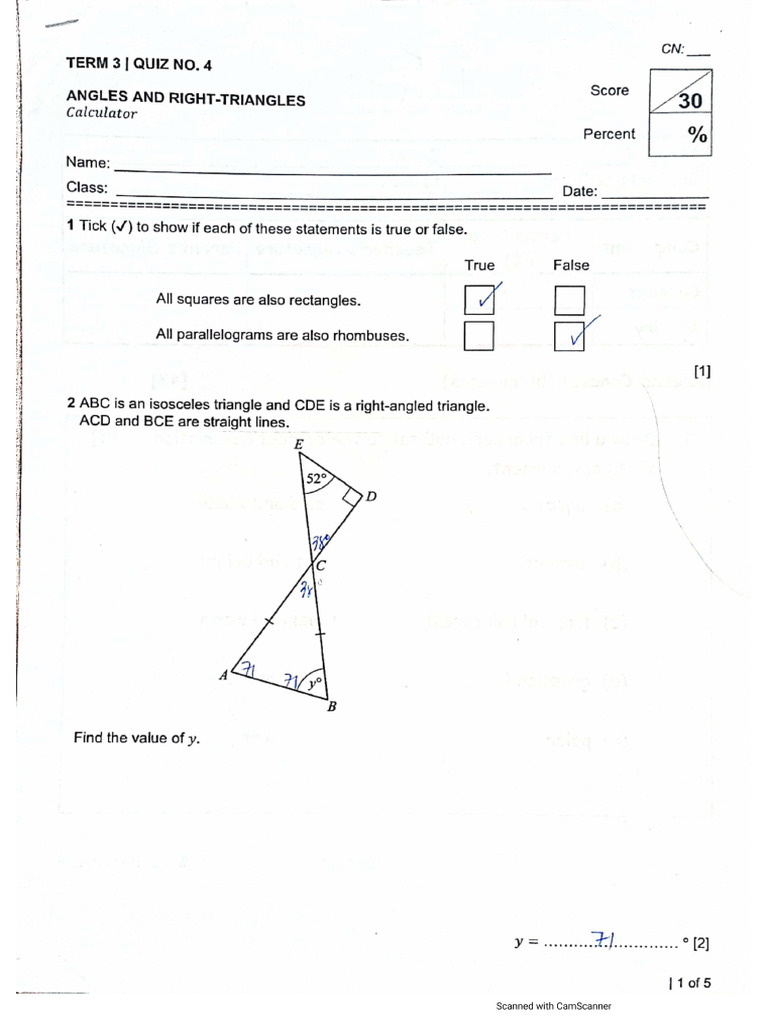 Math Quiz 4 Answer Key (1) | PDF