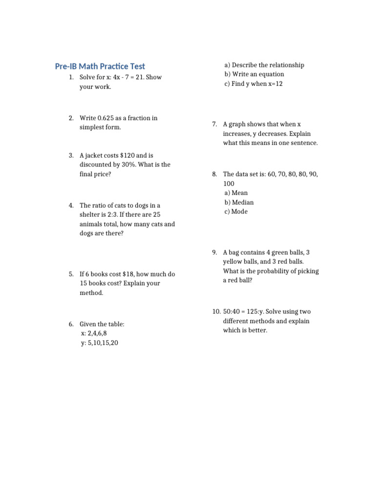 PreIB Math Advanced Practice | PDF