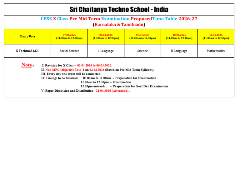CBSE X Class Pre Mid Term Examination Proposed Time Table 2026-27 - (KA ...