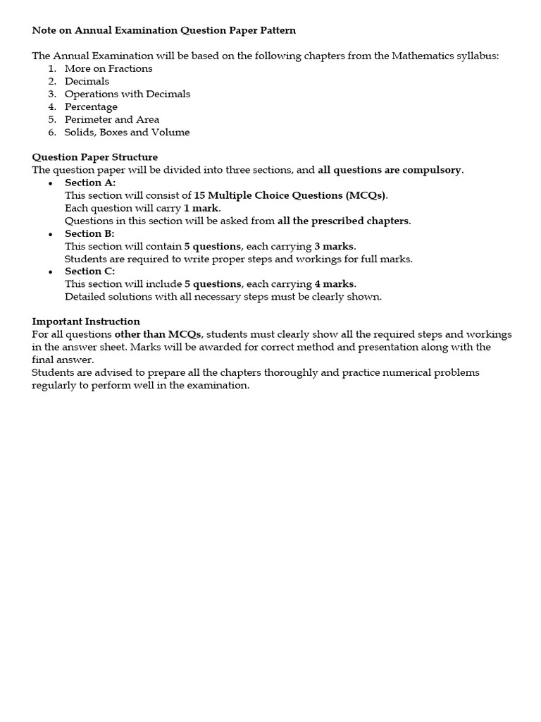 Note On Annual Examination Question Paper Pattern | PDF