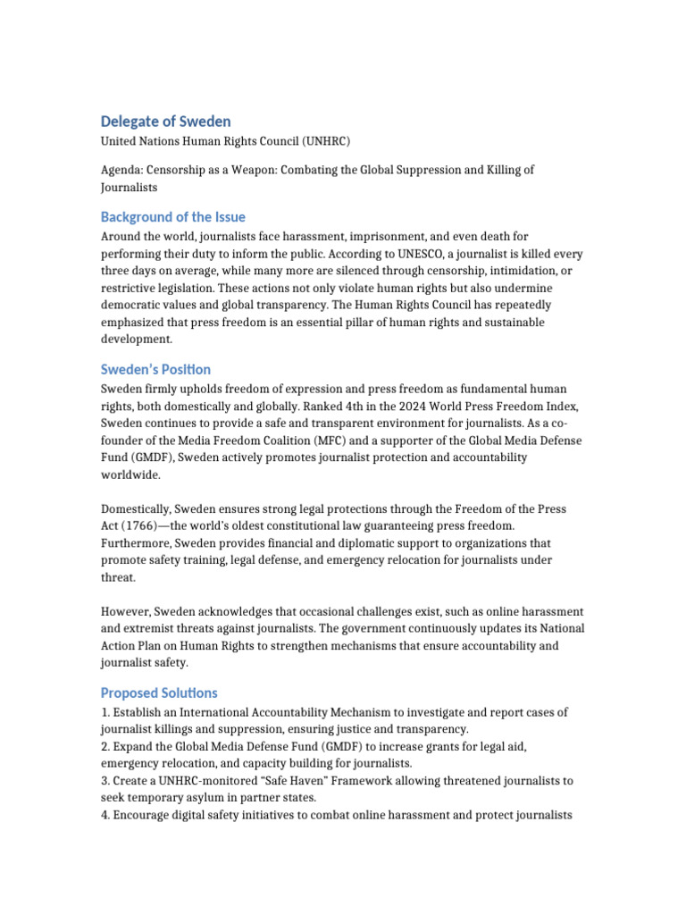 Sweden UNHRC Position Paper | PDF | Freedom Of The Press | Human Rights