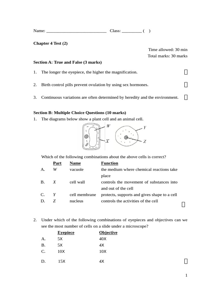 Chapter 4 Test (2) | PDF | Fertilisation | Anatomy