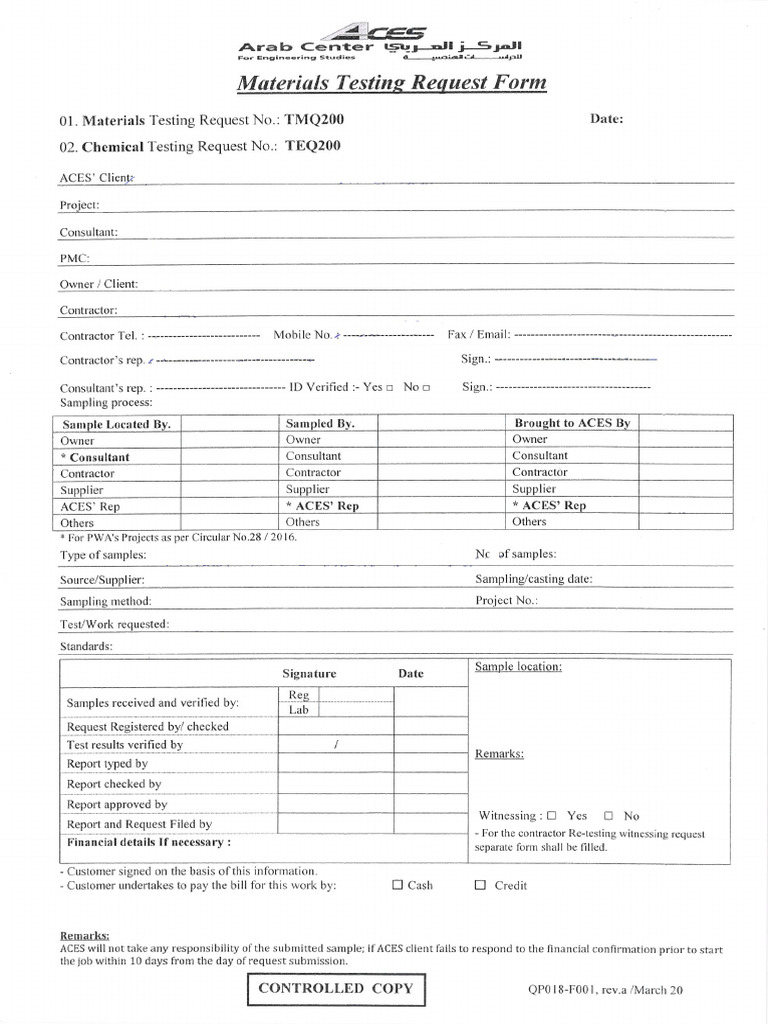 ACES - Material Testing Request Form | PDF