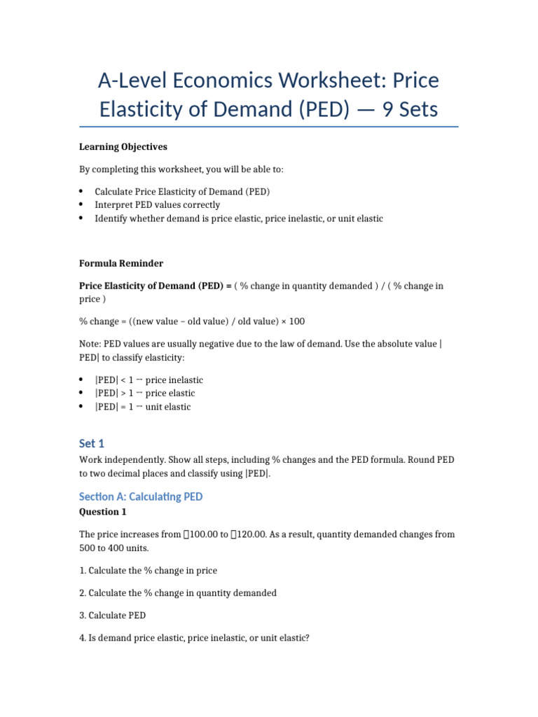 A Level PED Worksheet 9 Sets | PDF