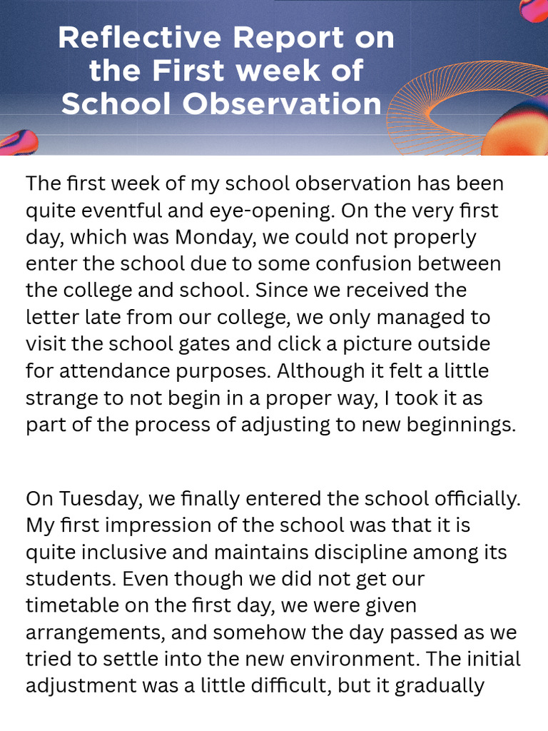 First Week Observation Report | PDF | Teachers | Schools