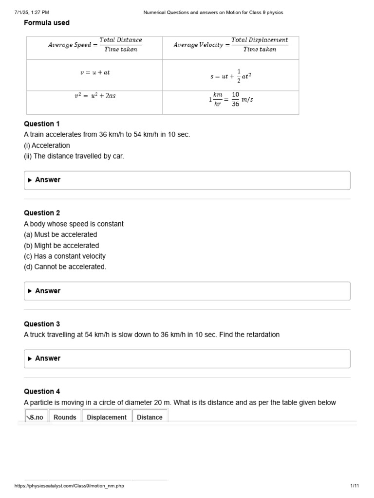 Numerical Questions and Answers On Motion For Class 9 Physics | PDF ...
