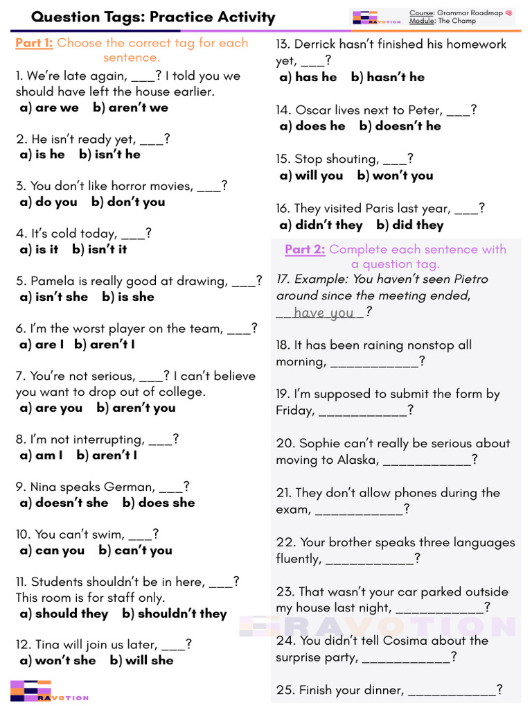Question Tags - Practice Worksheet With Answers | PDF