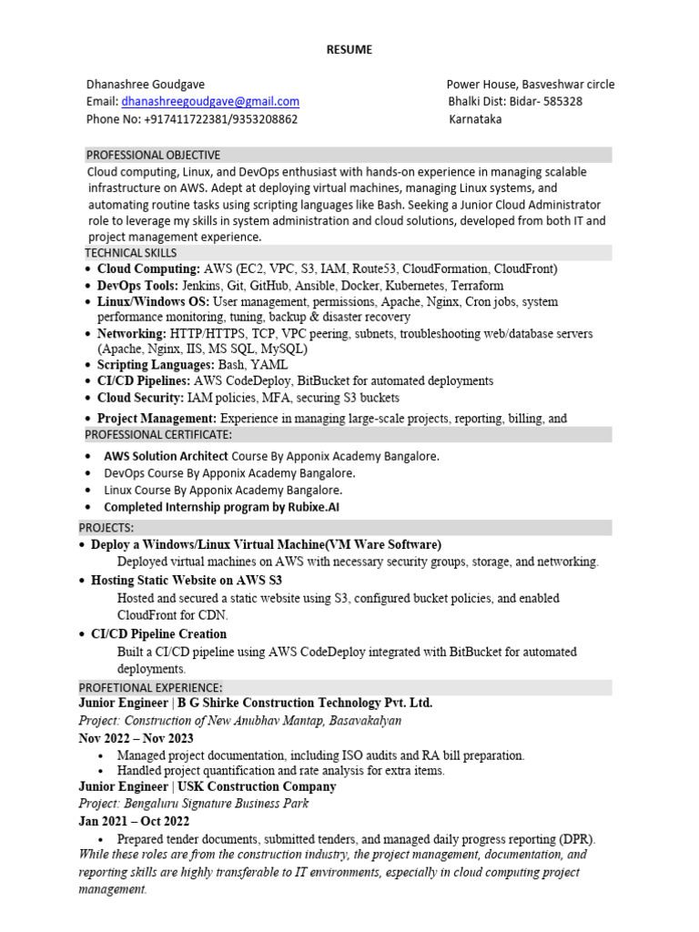 Dhanshri Linux Resume | PDF | Cloud Computing | Amazon Web Services