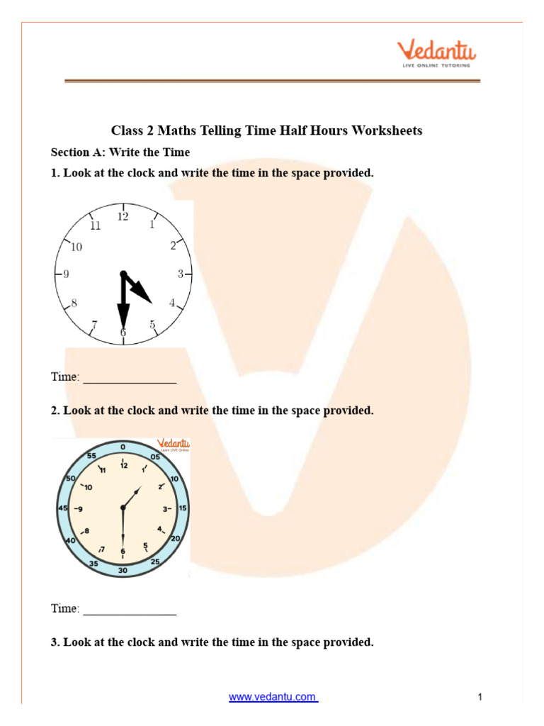 Class 2 Maths Telling Time Worksheets - Half Hours Practice | PDF