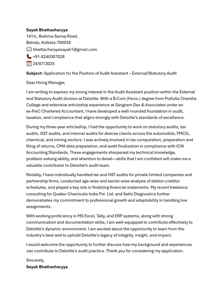 Cover Letter - Deloitte Audit | PDF