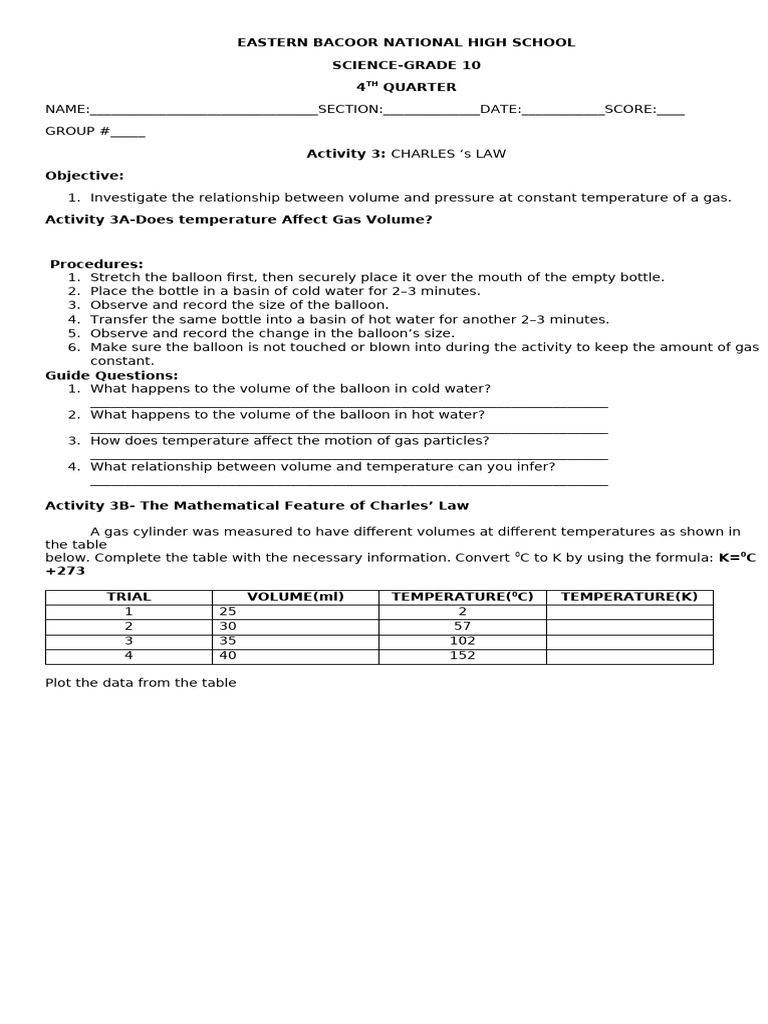 Worksheet February 3 Charles Law | PDF