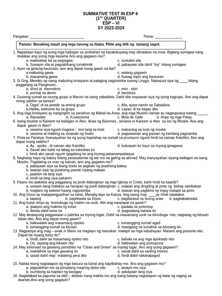 Summative Test in Esp - Quarter 1 | PDF